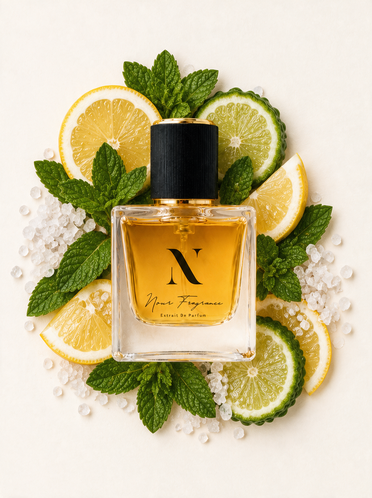 Pacif 07 Extrait de Parfum Flatlay mit Zitrone, Minze und Meersalz
