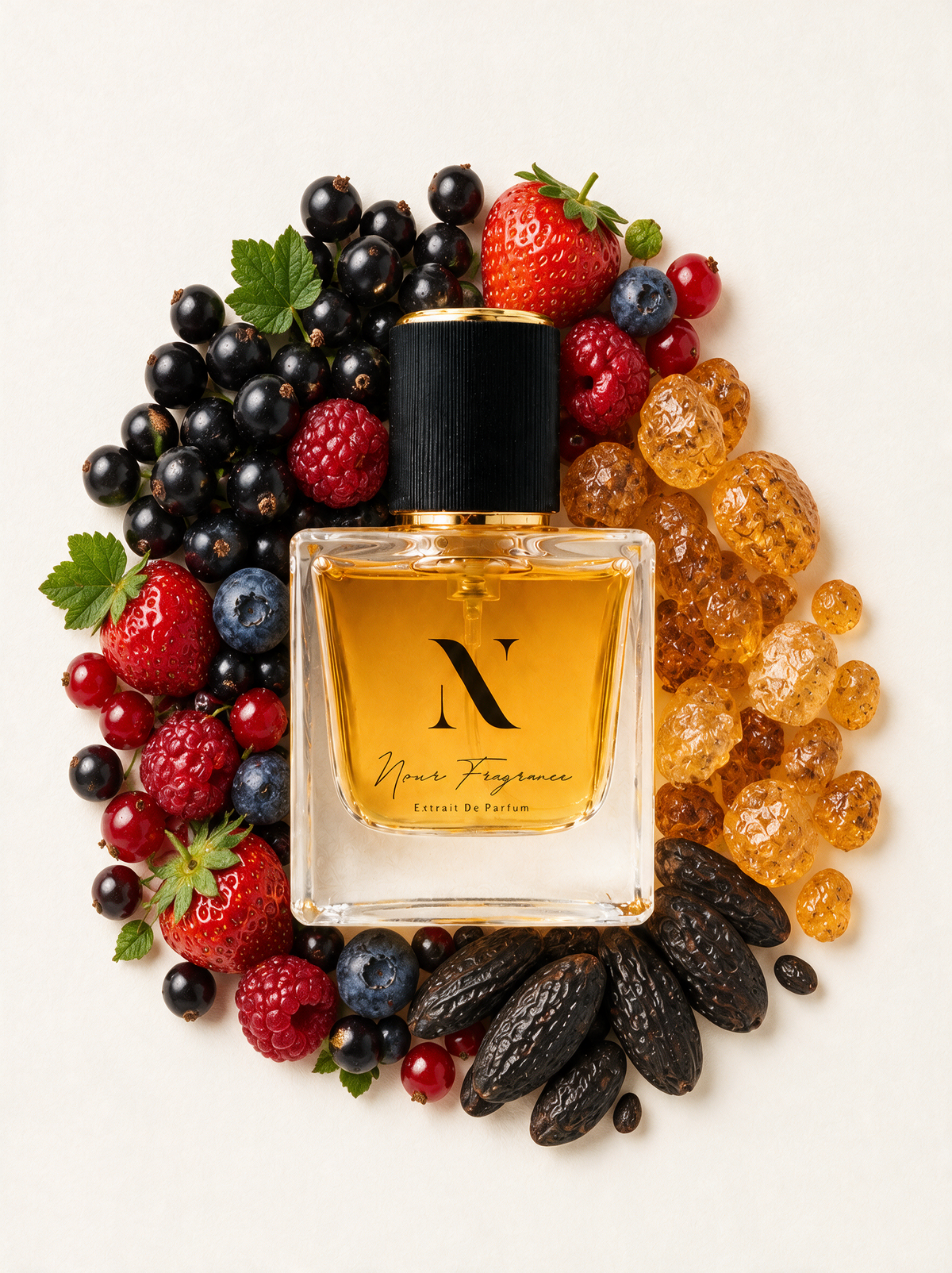 Orian 04 Extrait de Parfum Flatlay mit Johannisbeere, Beeren und Amber
