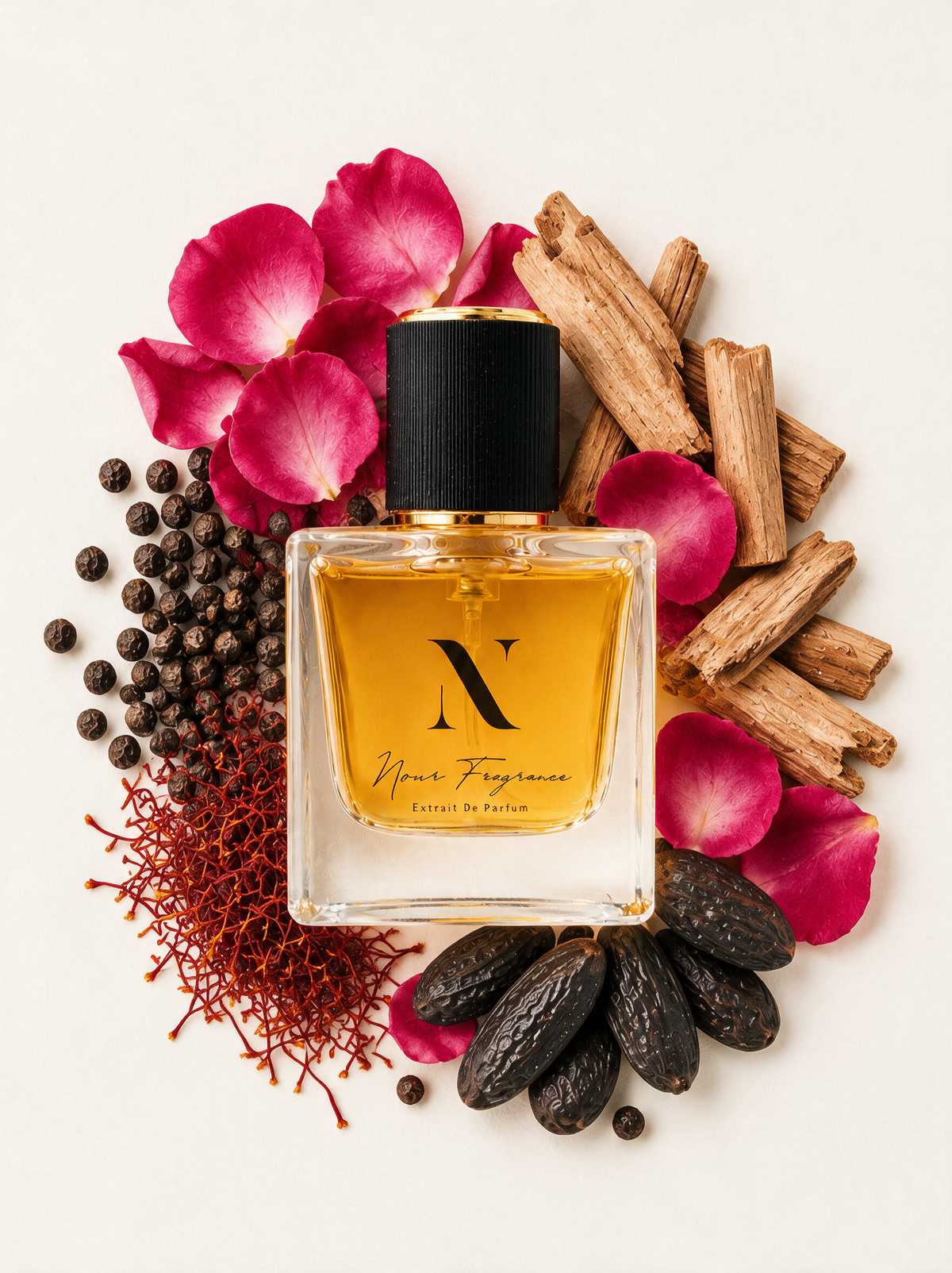 Redao 04 Extrait de Parfum Flatlay mit Tonka, Safran und Pfeffer