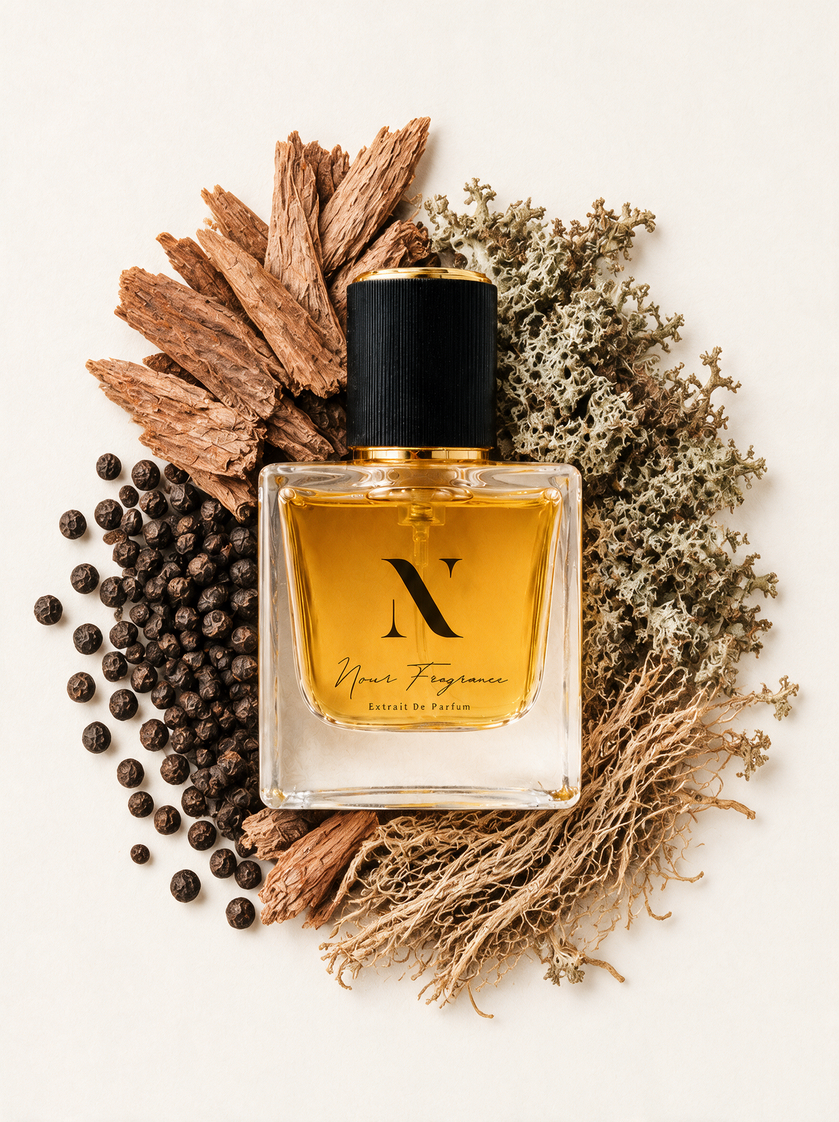 Purem 01 Extrait de Parfum Flatlay mit Zedernholz, Vetiver und Eichenmoos