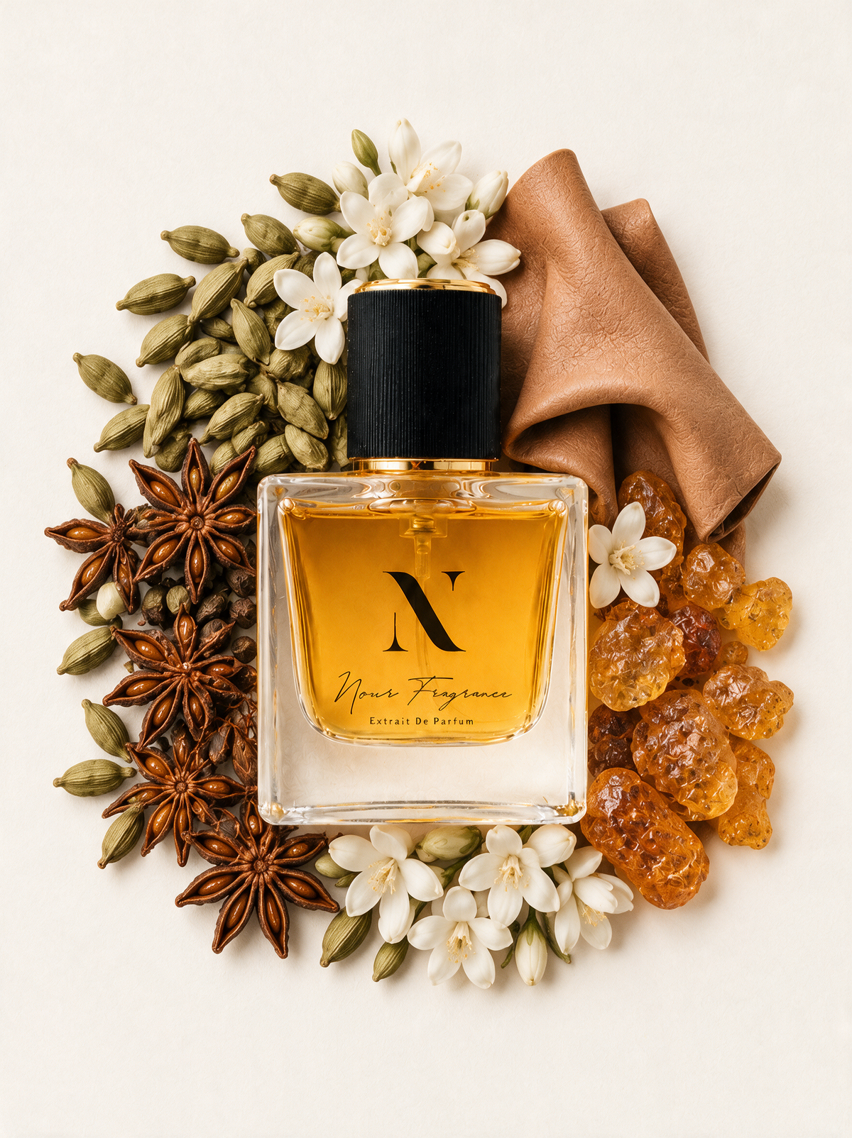 Omb-leather 05 Extrait de Parfum Flatlay mit Kardamom, Sternanis und Jasmin