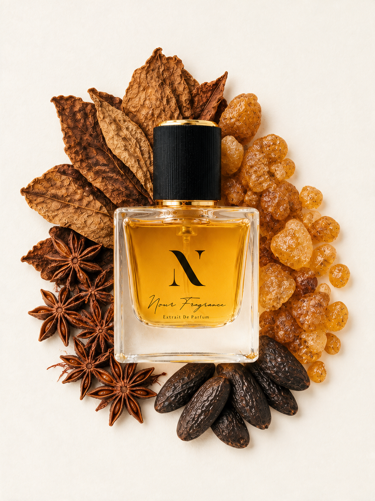 Spice 01 Extrait de Parfum Flatlay mit Tabak, Amber und Tonka