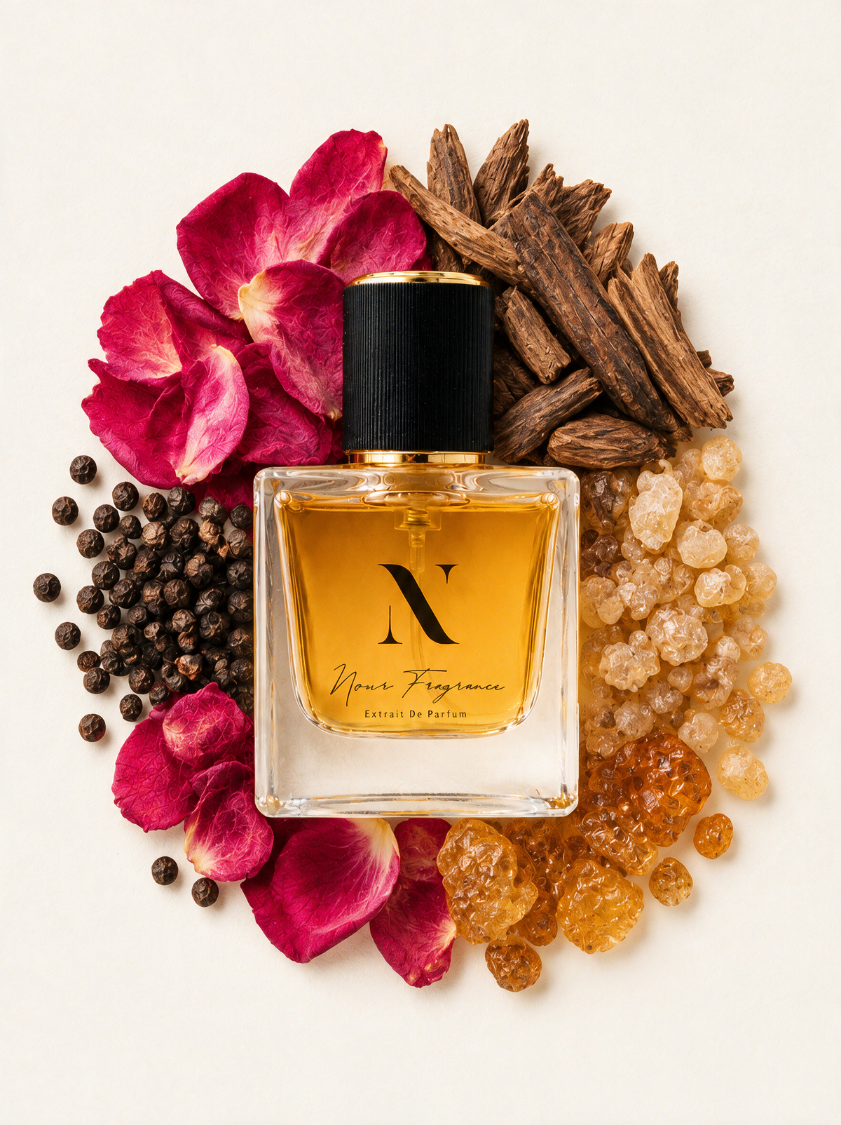 Sabro 05 Extrait de Parfum Flatlay mit Pfeffer, Rose und Oud