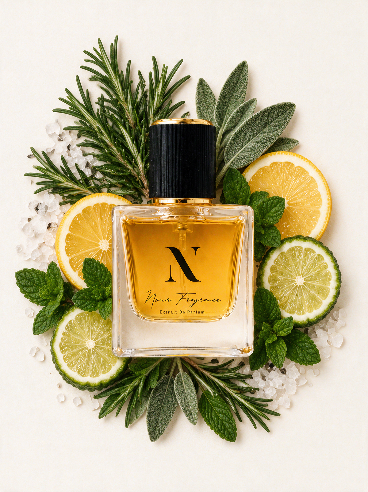 Theboss 01 Extrait de Parfum Flatlay mit Salbei, Zitrone und Minze