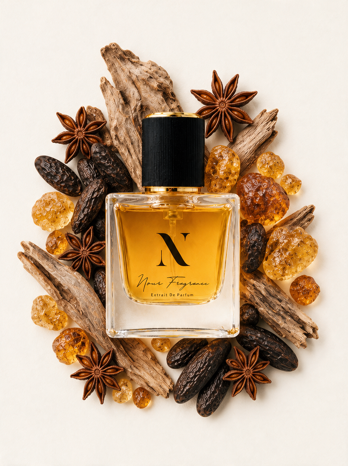 Rosso 71 Extrait de Parfum Flatlay mit Holz, Amber und Tonka
