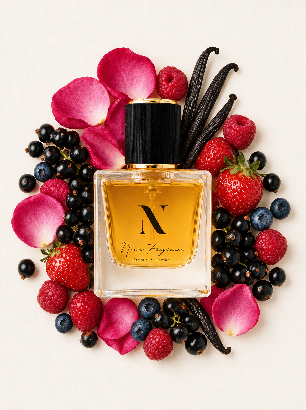 Si 03 Extrait de Parfum Flatlay mit Vanille, Rose und Johannisbeere