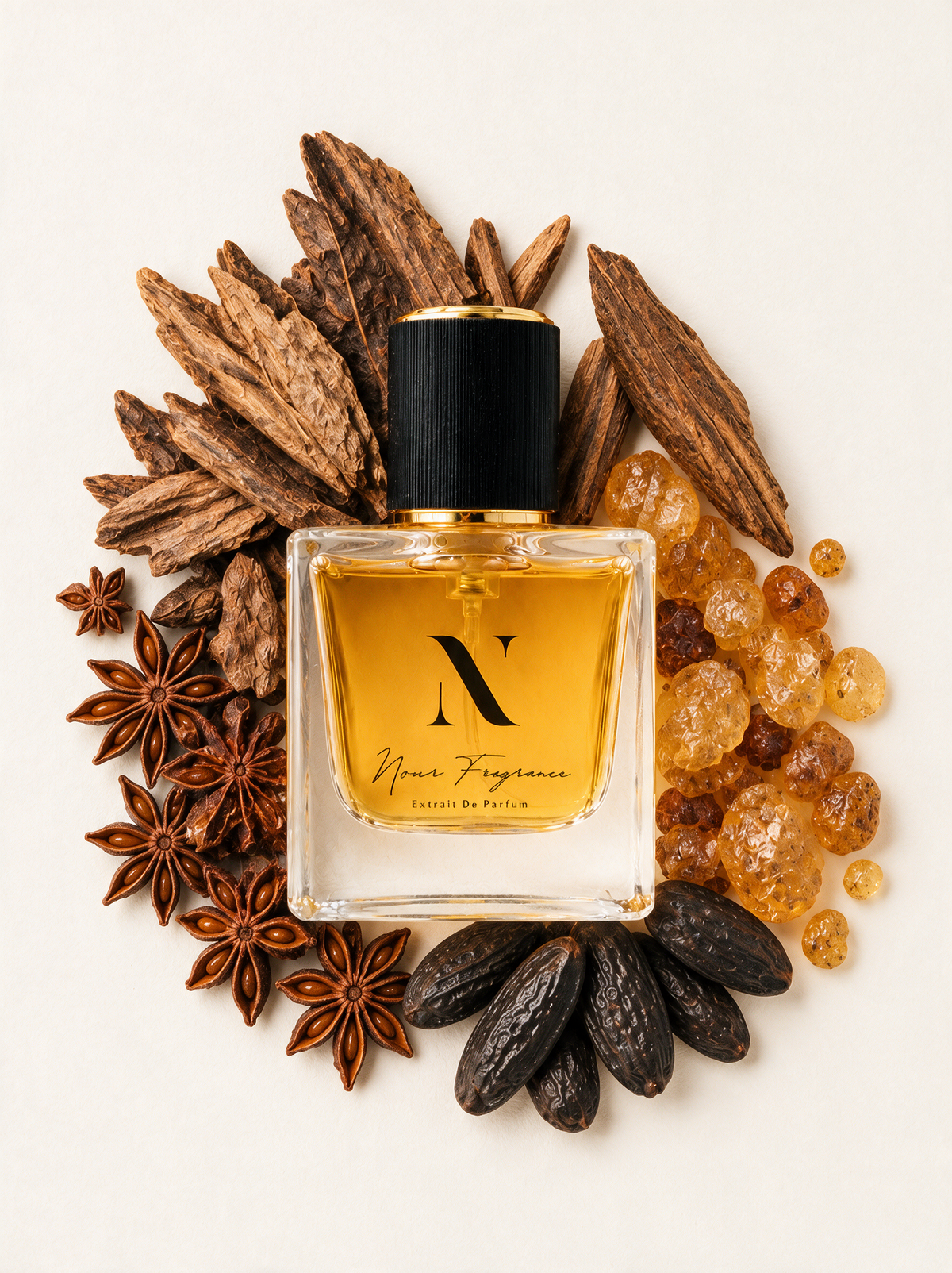Royal 02 Extrait de Parfum Flatlay mit Oud, Amber und Tonka