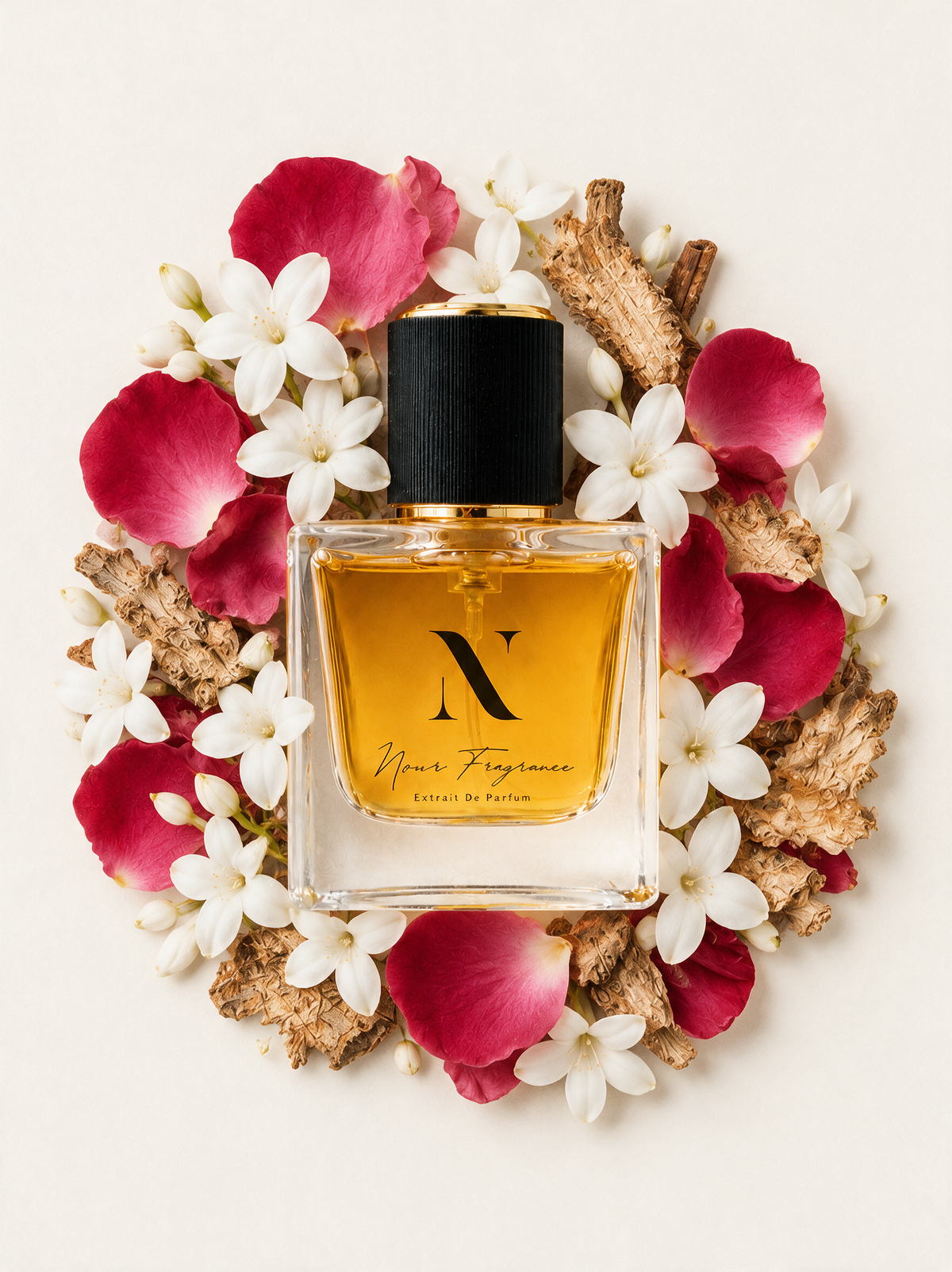 Scha'adore 60 Extrait de Parfum Flatlay mit Rose, Jasmin und Iris