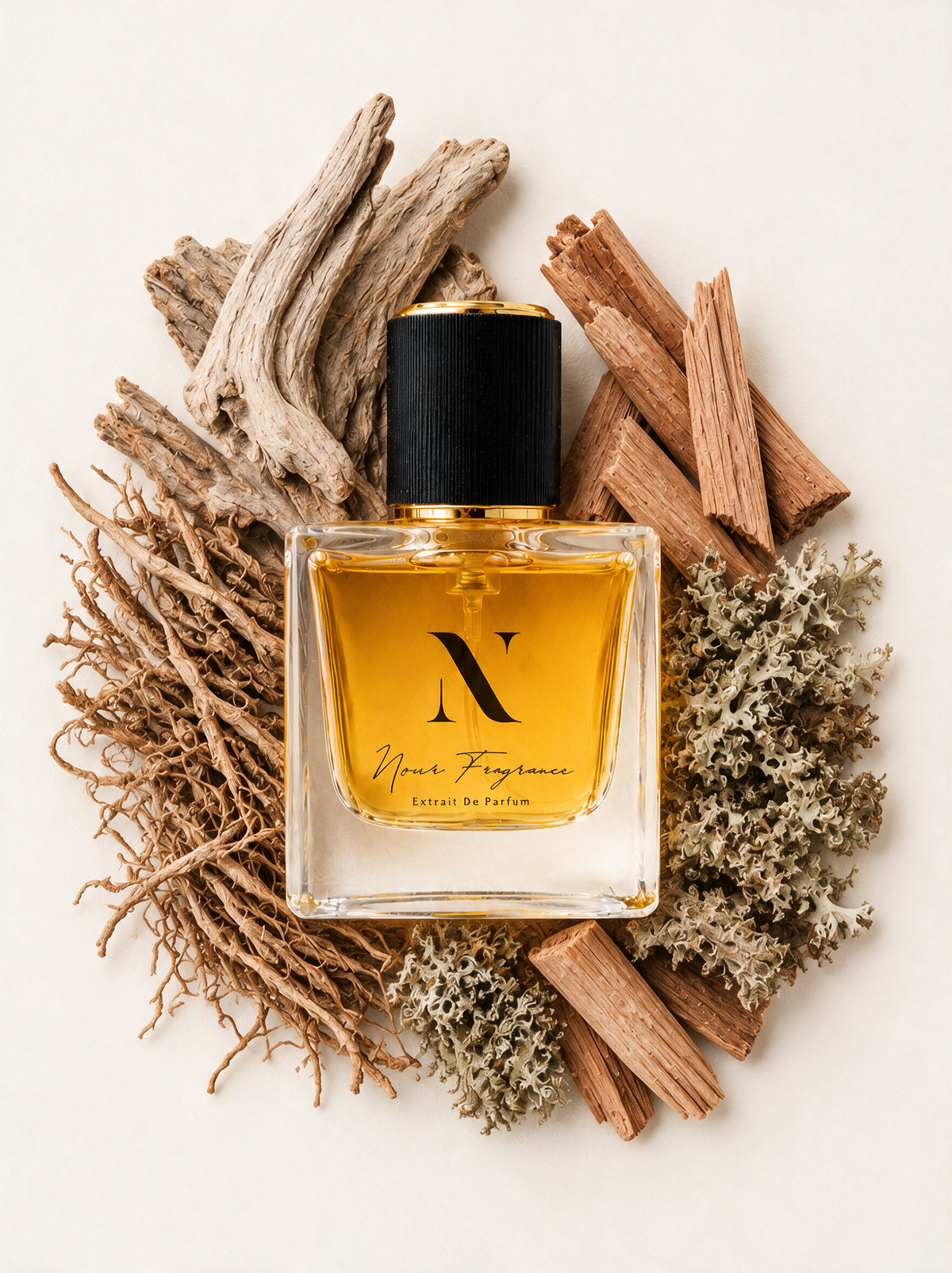 Santl 01 Extrait de Parfum Flatlay mit Holz, Zedernholz und Vetiver