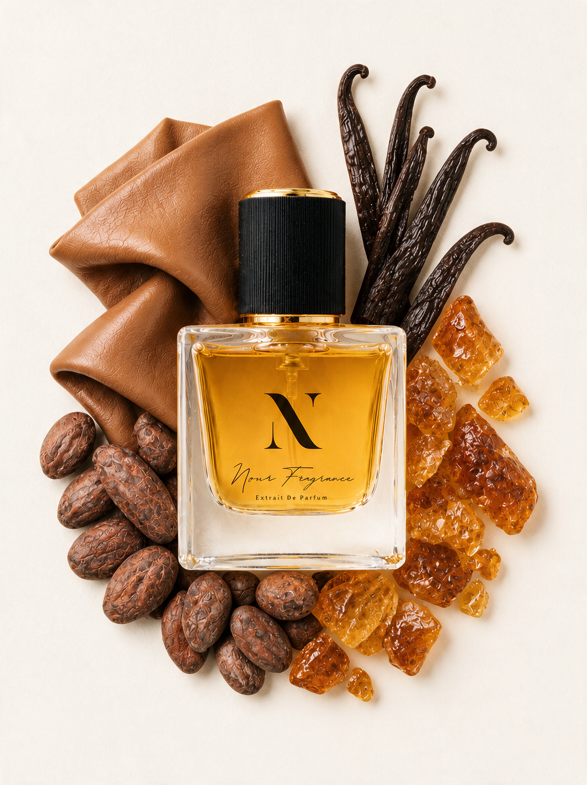 Tuscale 08 Extrait de Parfum Flatlay mit Leder, Vanille und Kakao