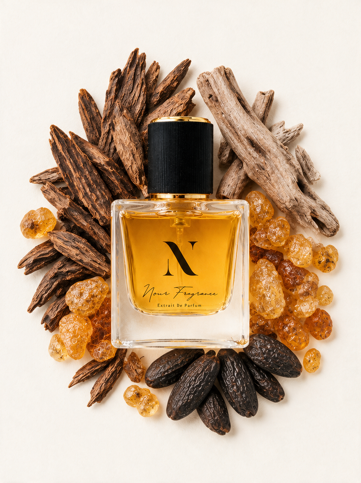 Oudwo 06 Extrait de Parfum Flatlay mit Oud, Holz und Amber