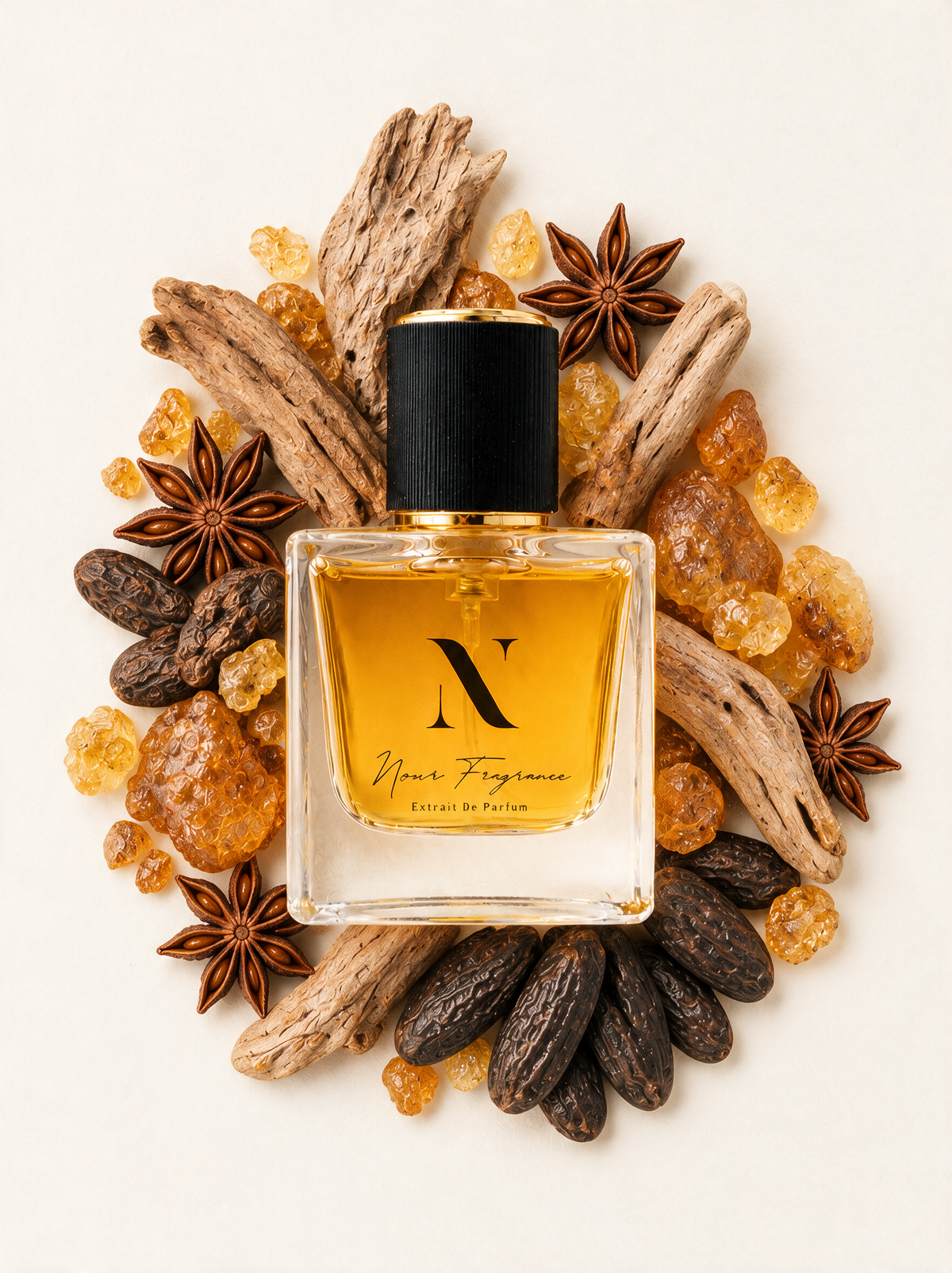 Theelixir 03 Extrait de Parfum Flatlay mit Holz, Amber und Tonka