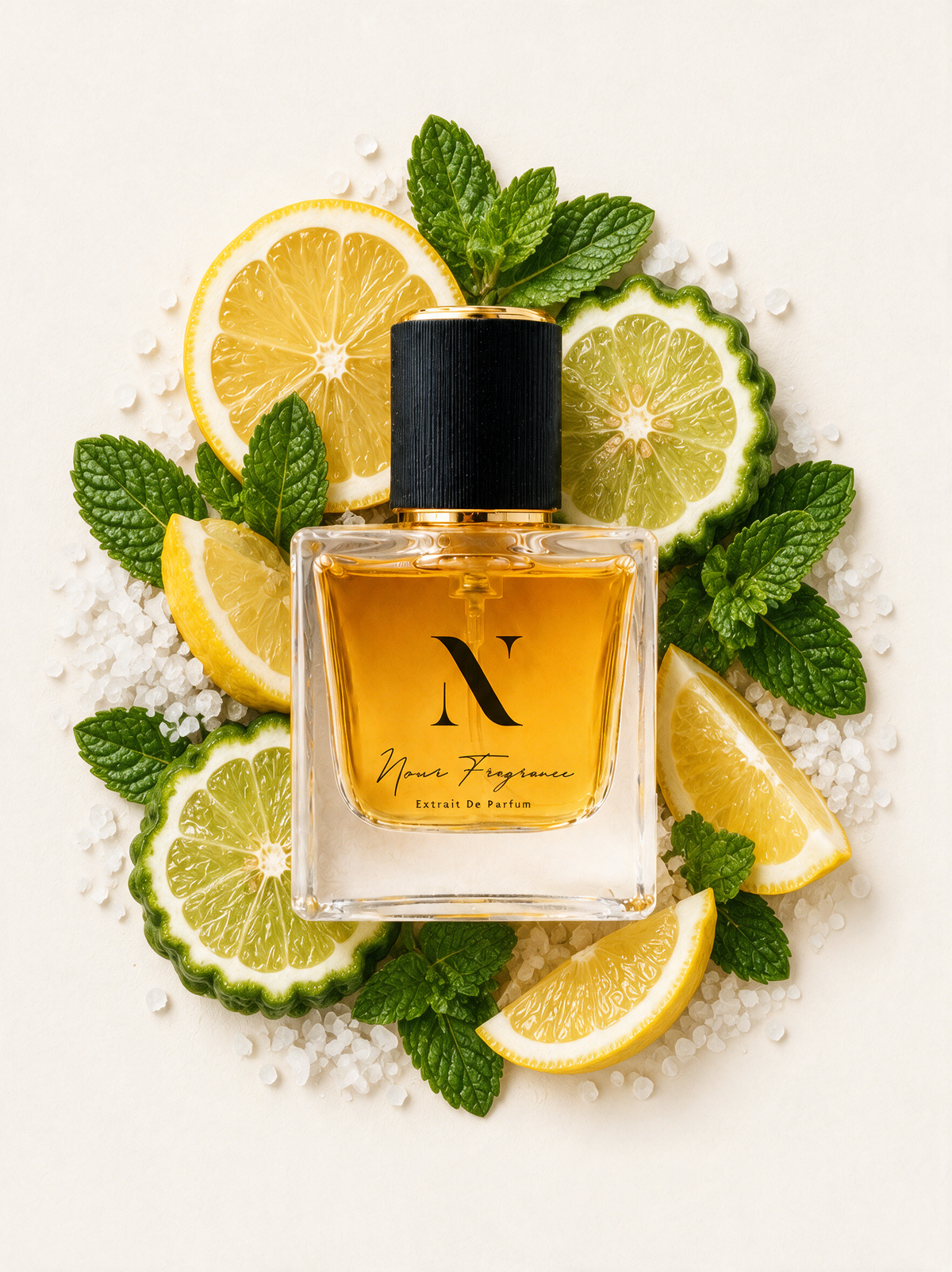 Tor21A13 Extrait de Parfum Flatlay mit Zitrone, Minze und Meersalz
