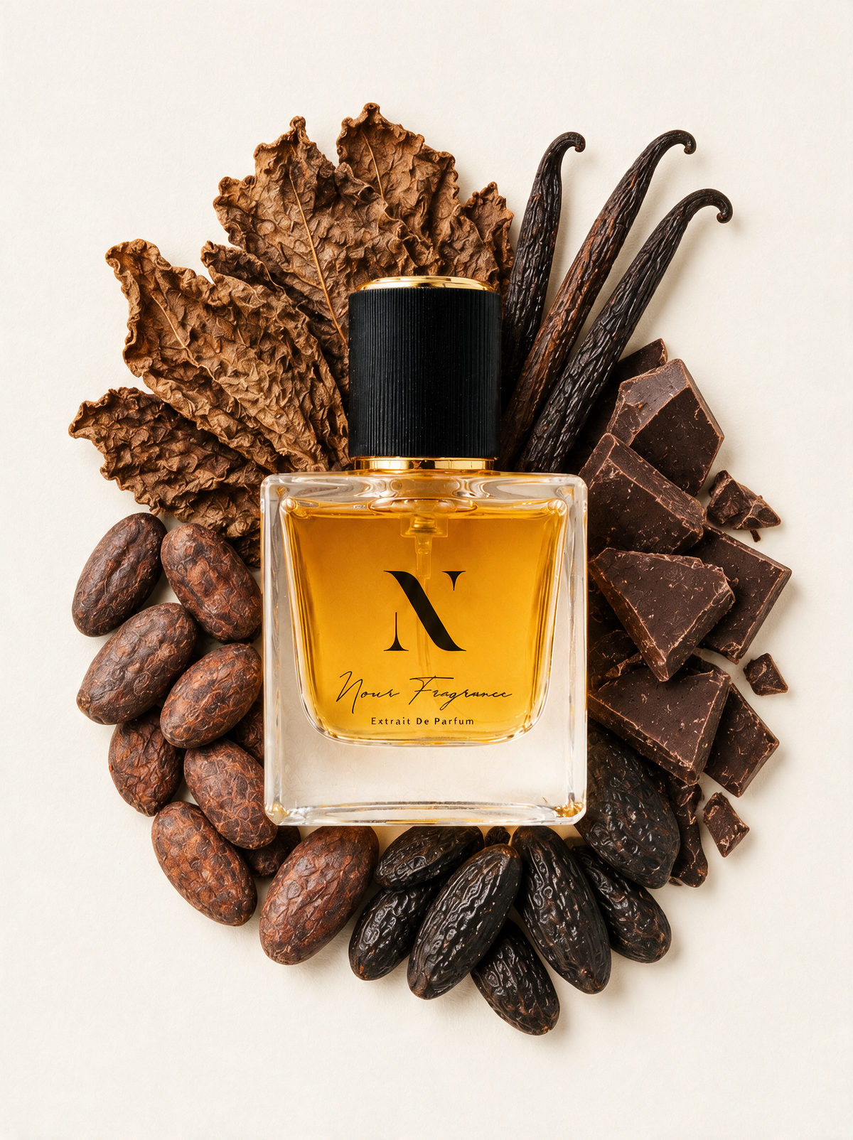Thevanilletobacco 07 Extrait de Parfum Flatlay mit Tabak, Vanille und Tonka