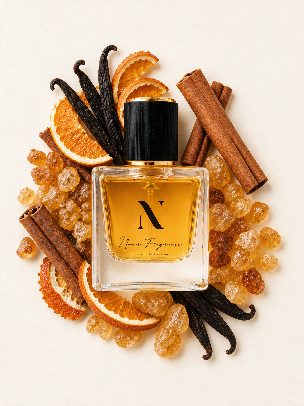 Xoper'A Extrait de Parfum Flatlay mit Amber, Vanille und Zimt