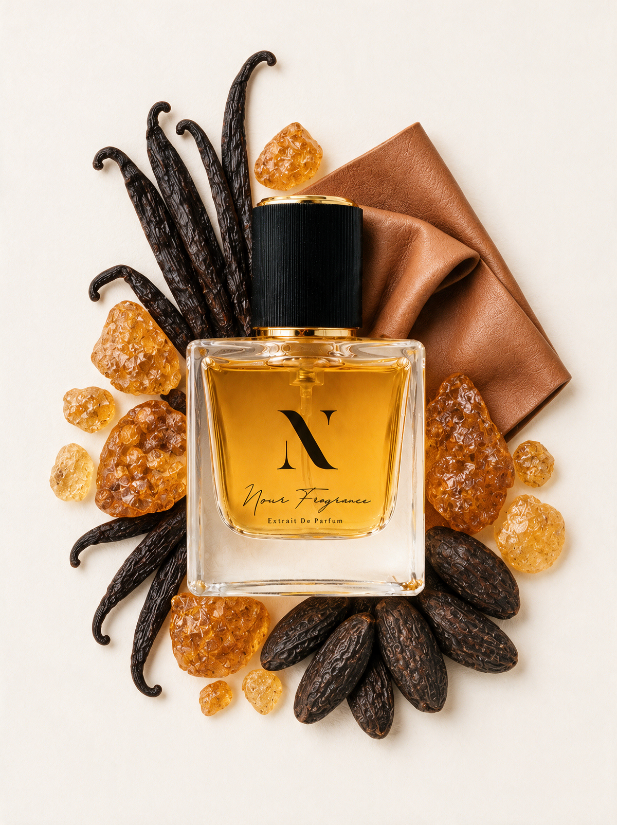 Tizrosso Extrait de Parfum Flatlay mit Vanille, Leder und Amber