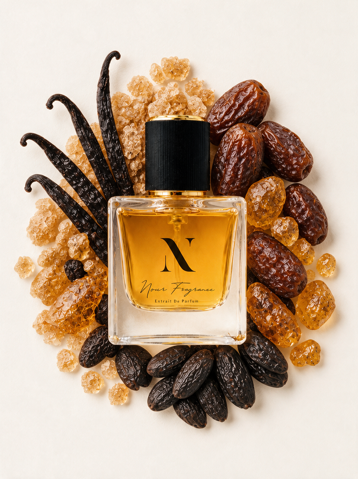 Uden 15 Extrait de Parfum Flatlay mit Vanille, Datteln und Amber