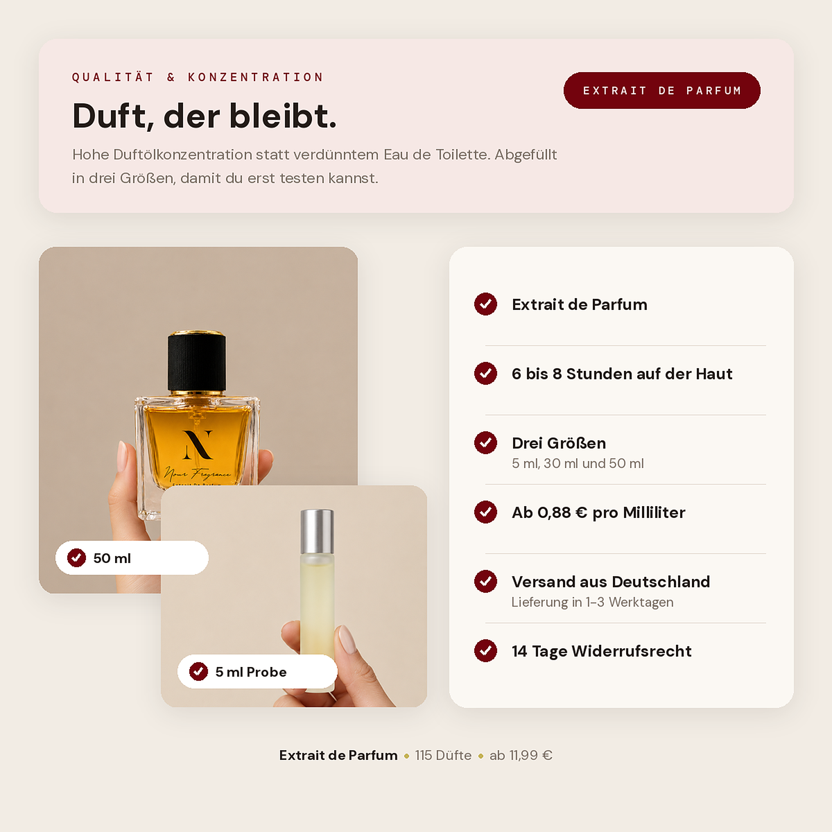 Duft, der bleibt: Extrait de Parfum, 6 bis 8 Stunden, drei Größen